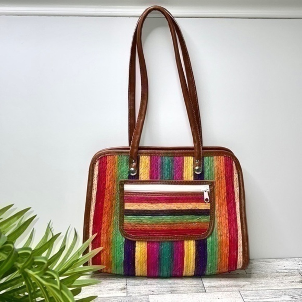 Vintage Multicolored Woven Straw Handbag